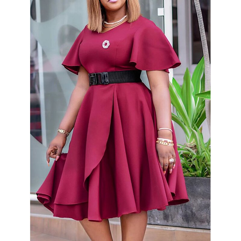 V-neck Office Dress Manufacturer - 2025 Trumpet Sleeves Solid Color Blet Plus Size