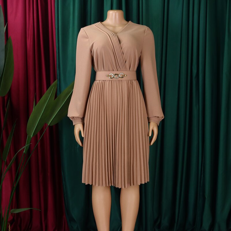 African Office Dress Manufacturer - 2025 Solid Color Long Sleeves With Belt Casual