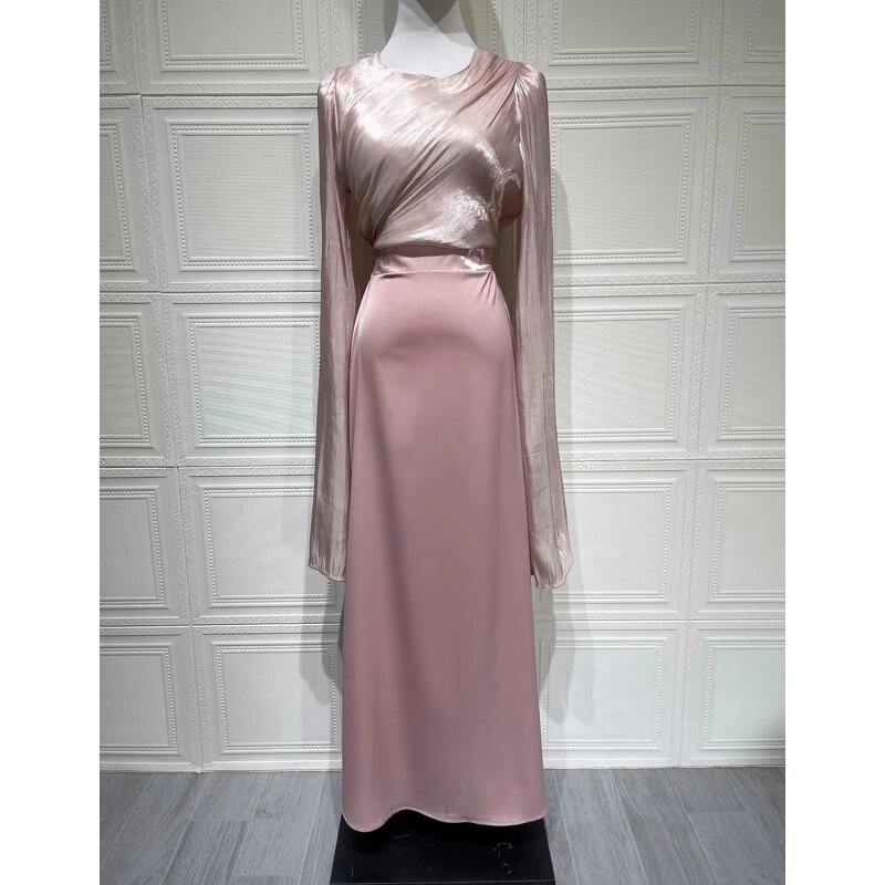 Muslim Satin Dress Manufacturer - Round Neck Batwing Sleeves Long Sleeves Slim-Fit
