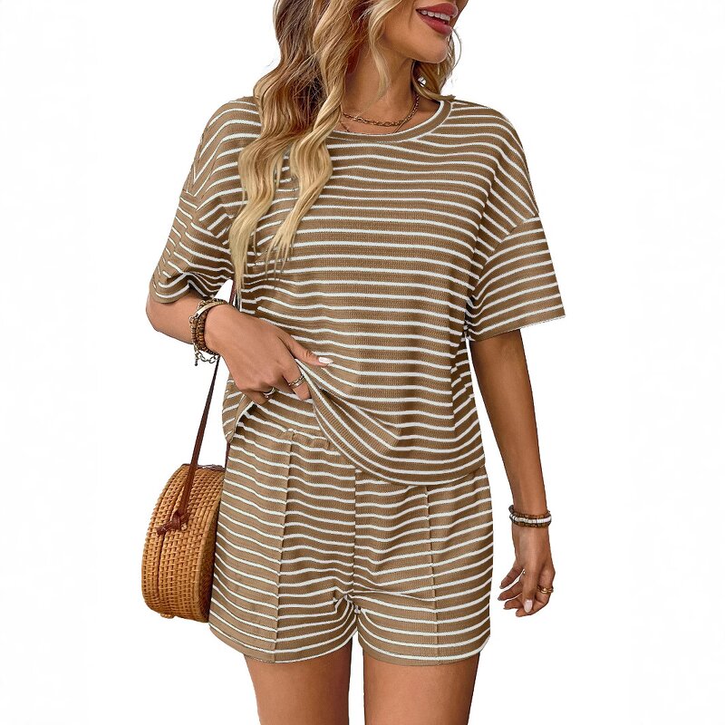 Women's Shorts Set Manufacturer - Knitted Round Neck Short Sleeved Striped Casual