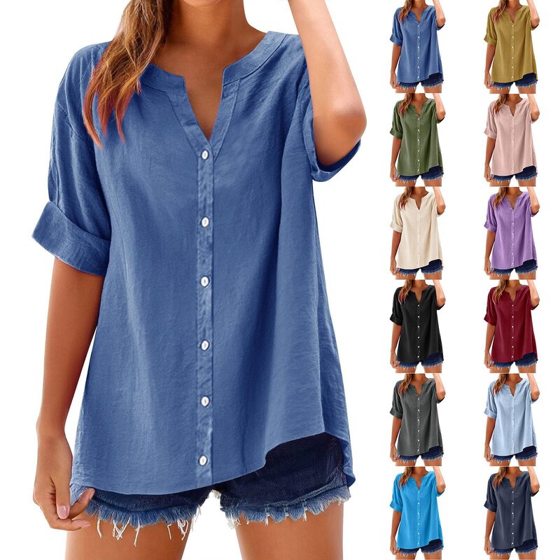 Casual Shirt Manufacturer - 2025 V-neck Loose Button Short Sleeve for Women Spring Summer