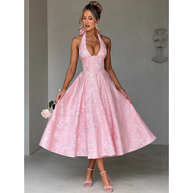 Women's Evening Dress Manufacturer - 2025 V-neck Hanging Neck Sleeveless Bareback Waist