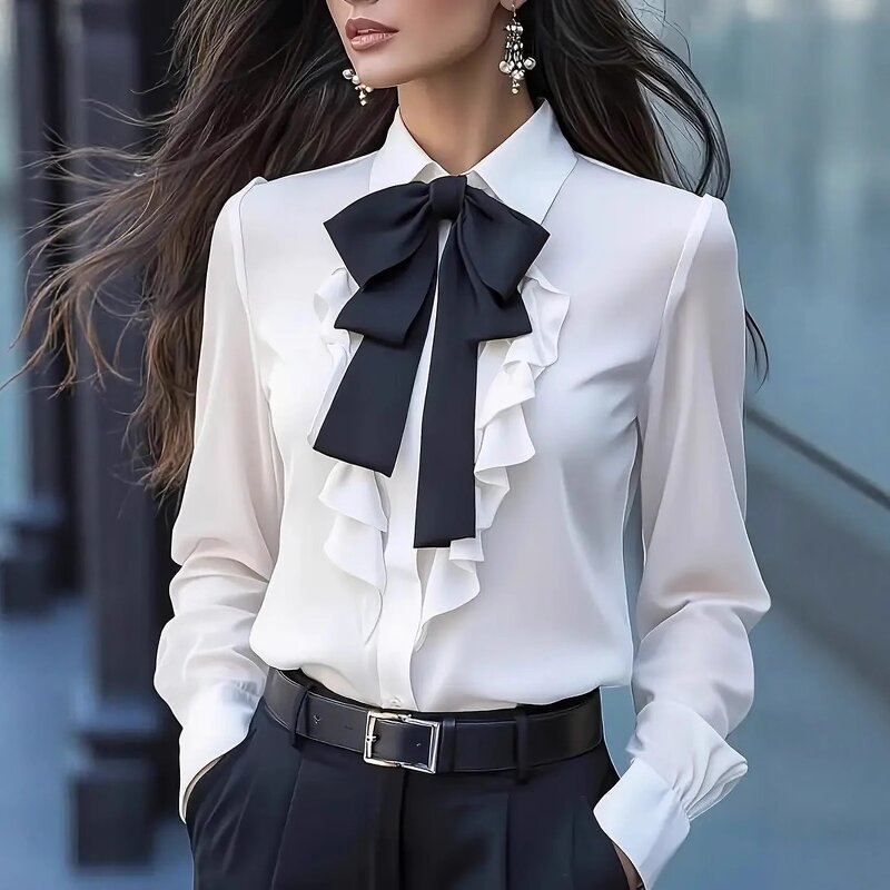 Women's Shirt Manufacturer - 2025 Autumn Lace up Bow Ruffle Design Elegant Urban