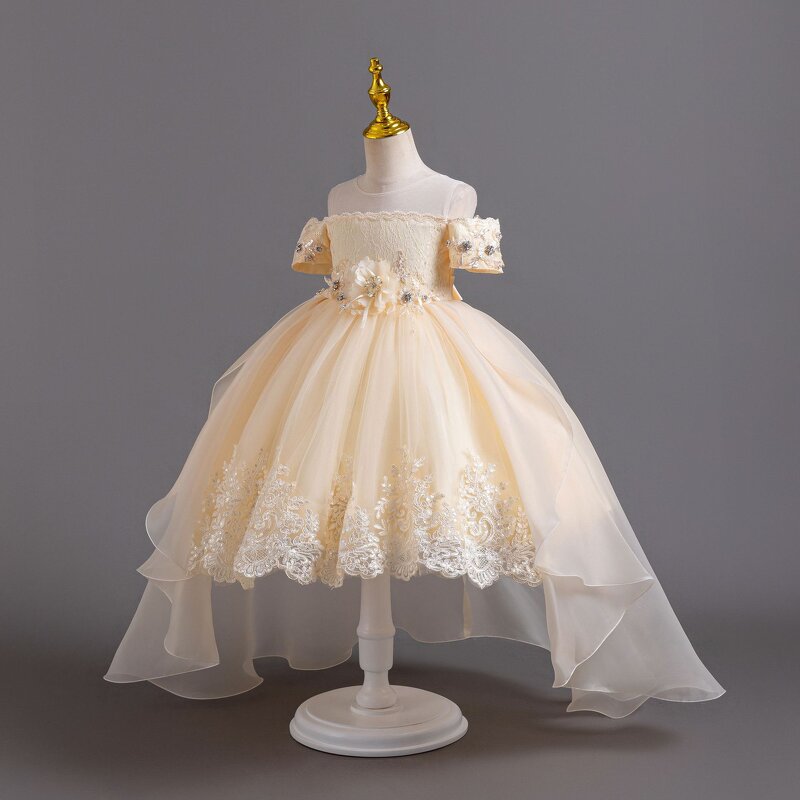 Girls' Princess Dress Manufacturer - 2025 Korean Sweet Lace Trailing Wedding Piano Short Sleeves