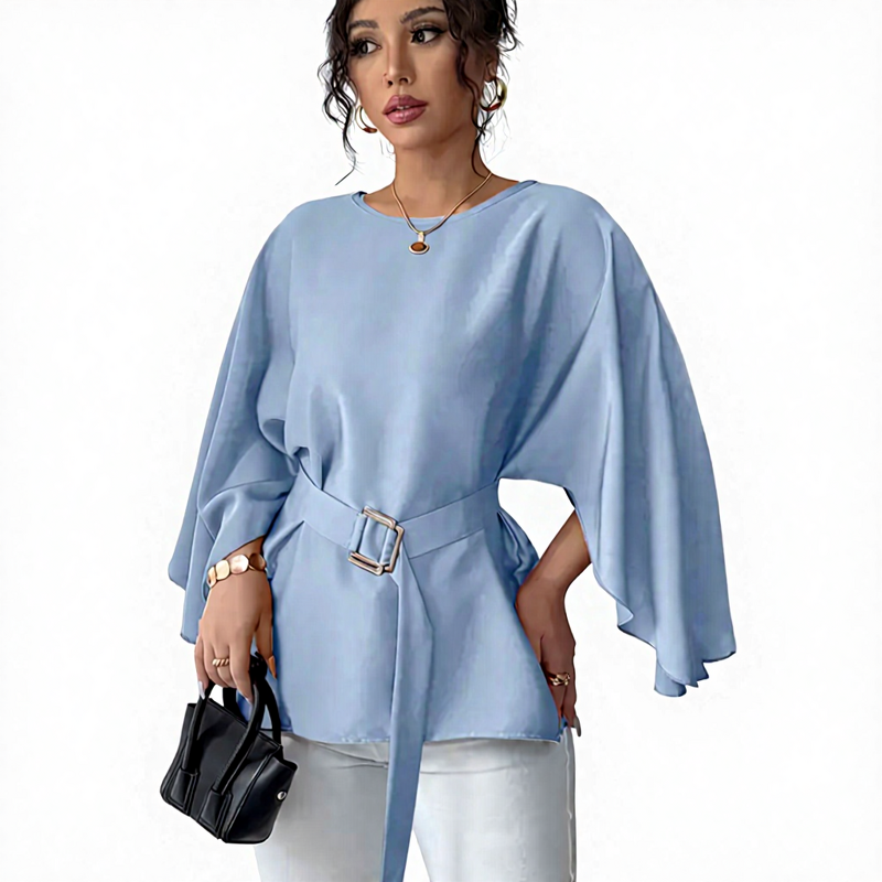 Flared Sleeve Shirt Manufacturer - 2025 Solid Color Round Neck Slim for Women Summer