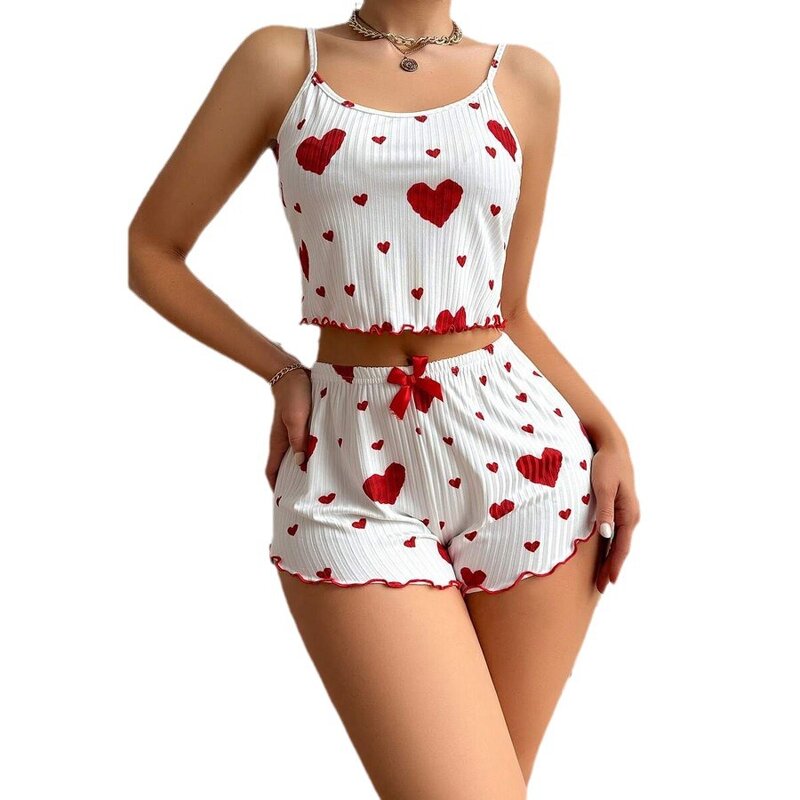 Women's Pajamas Set Manufacturer - Heart Pattern Camisoles Shorts 2 Piece Nighty Casual