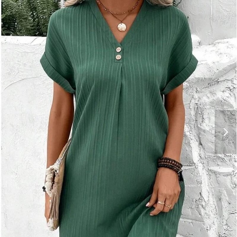 A-line Dress Manufacturer - V-neck Solid Color Button up for Women Summer Casual