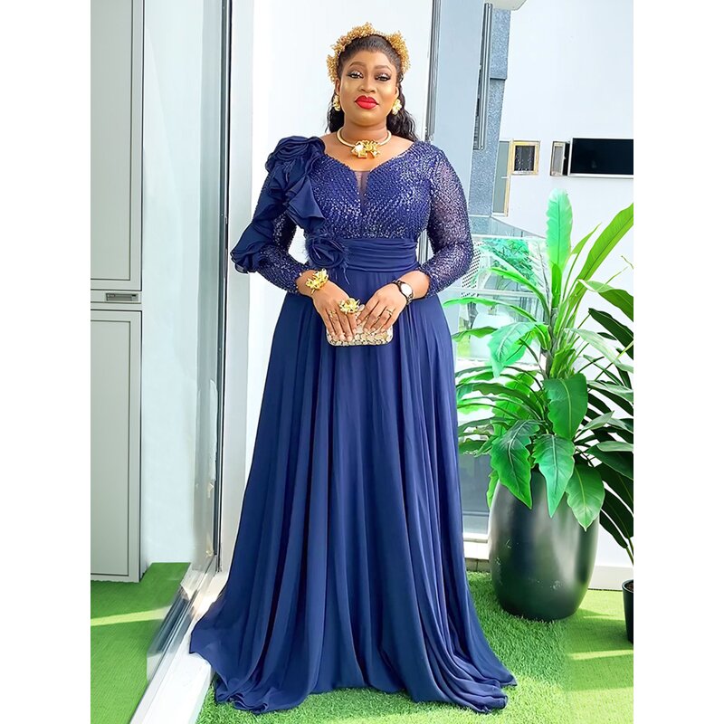 African Evening Dress Manufacturer - 2025 Plus Size Sequined Long Sleeve Chiffon Flower