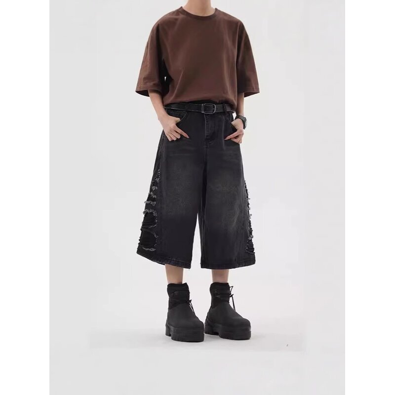 Men's Denim Shorts Manufacturer - Summer Washed Vintage Loose Wide-leg Straight-cut