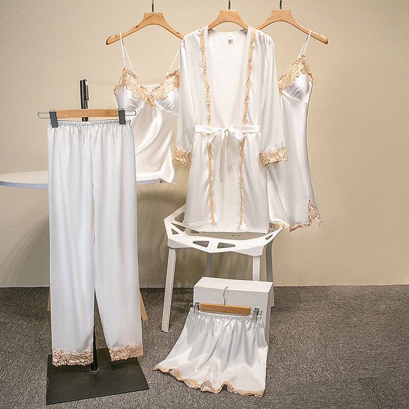 Women's Pajamas Set Manufacturer - 2025 Golden Lace Silk Satin Five Pieces Shorts Home