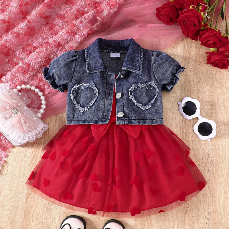 Baby Girl Suit Set Manufacturer - Denim Jacket Sling Lace Dress Head-Free Headdress