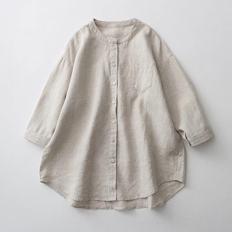 Cotton Casual Blouse Manufacturer - Three-quarter Sleeve Stand Collar Button for Women Summer