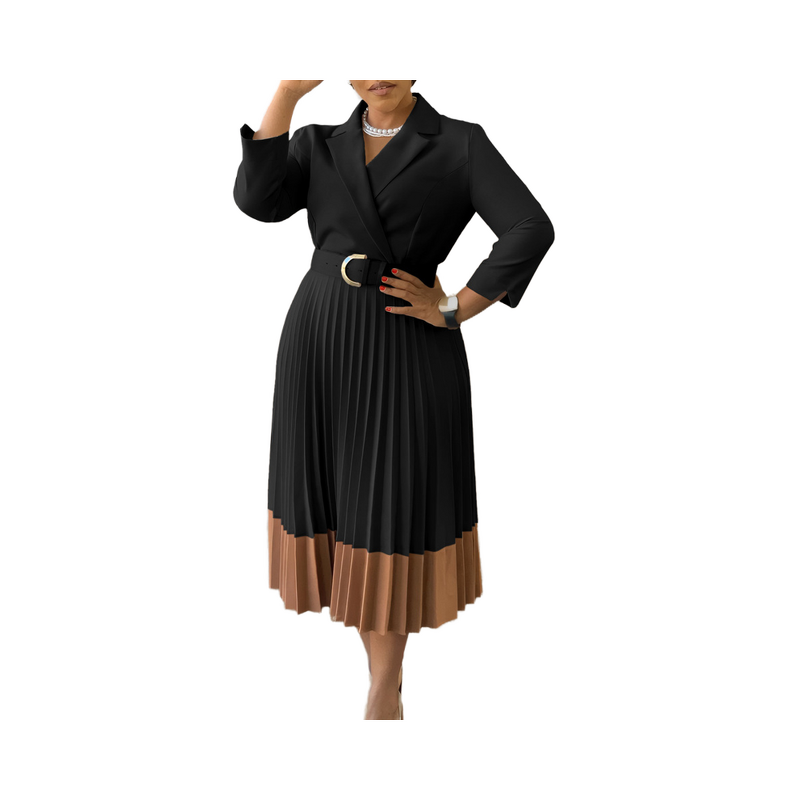 Pleated Dress Manufacturer - Suit Collar OL Solid Color Long Sleeve Mid Length