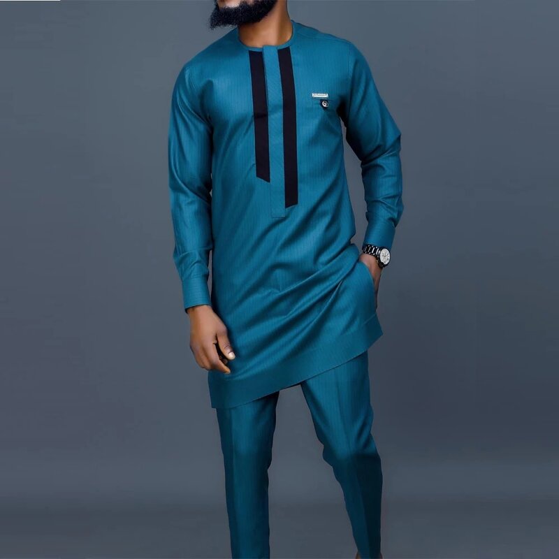 Men's Shirt Pants Set Manufacturer - O-neck Long Sleeve Ethnic Casual for Africa Middle East