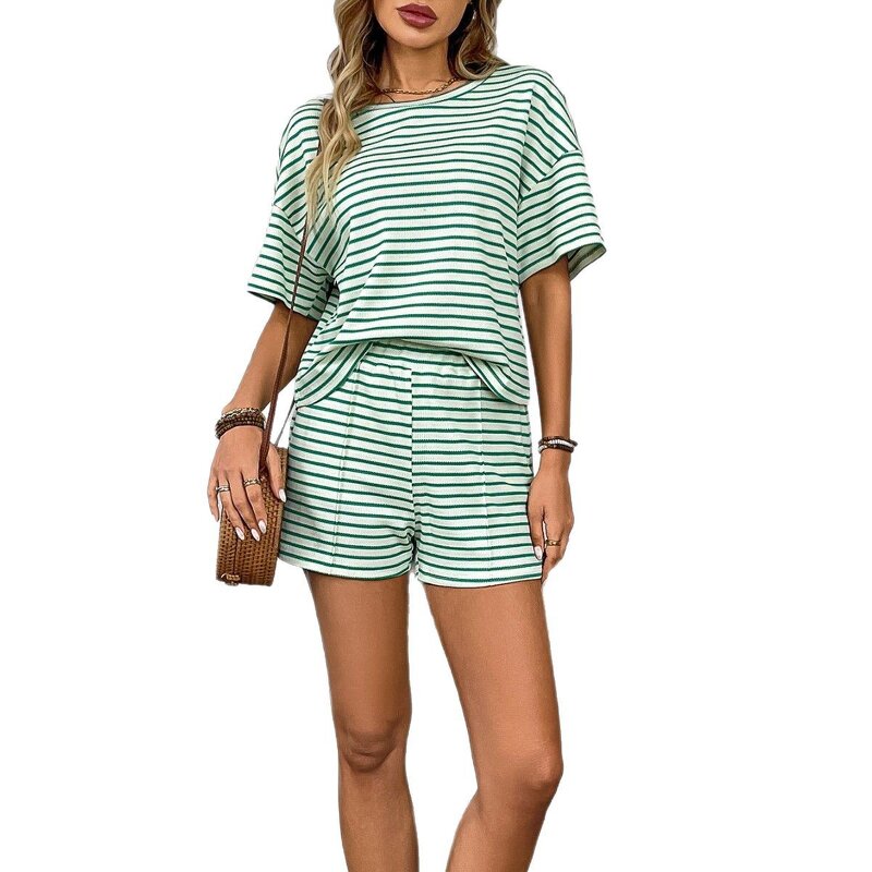 Women's Shorts Set Manufacturer - Knitted Round Neck Short Sleeved Striped Casual