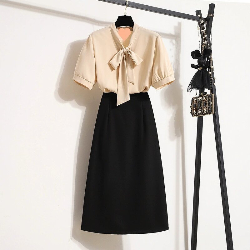 Women's 2-Piece Set Manufacturer - Short Sleeve Tops Skirt Petal Bow Collar Professional