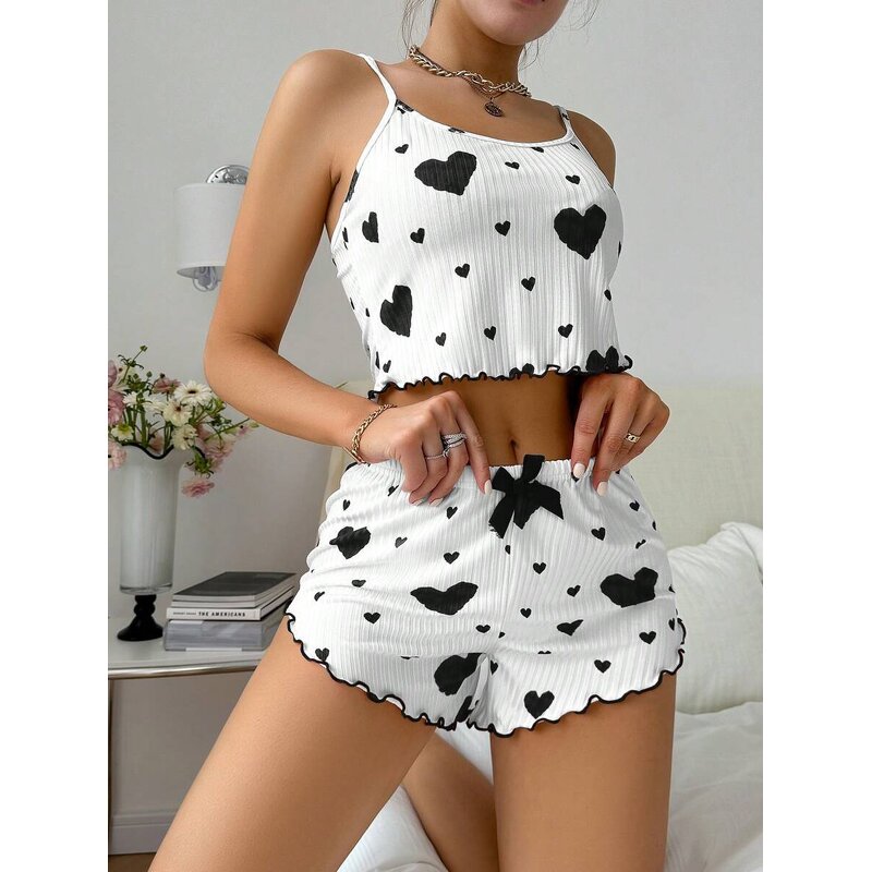 Women's Pajamas Set Manufacturer - Heart Pattern Camisoles Shorts 2 Piece Nighty Casual