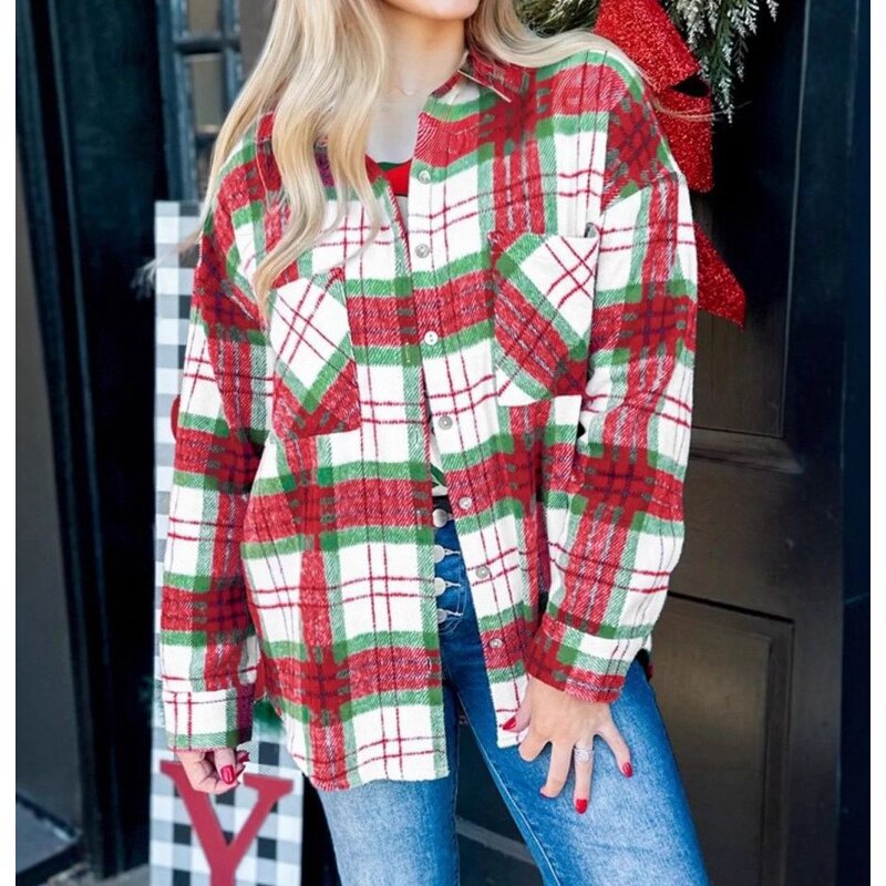 Women's Shirt Jacket Manufacturer - Plaid Lapel Pocket Short Front Long Back Christmas Style