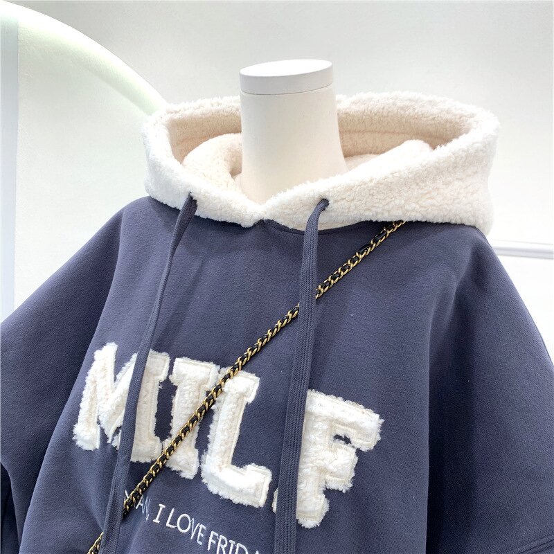 Women's Fleece Hoodie Manufacturer - Add Lamb Wool Letter Embroidery Loose Wholesale