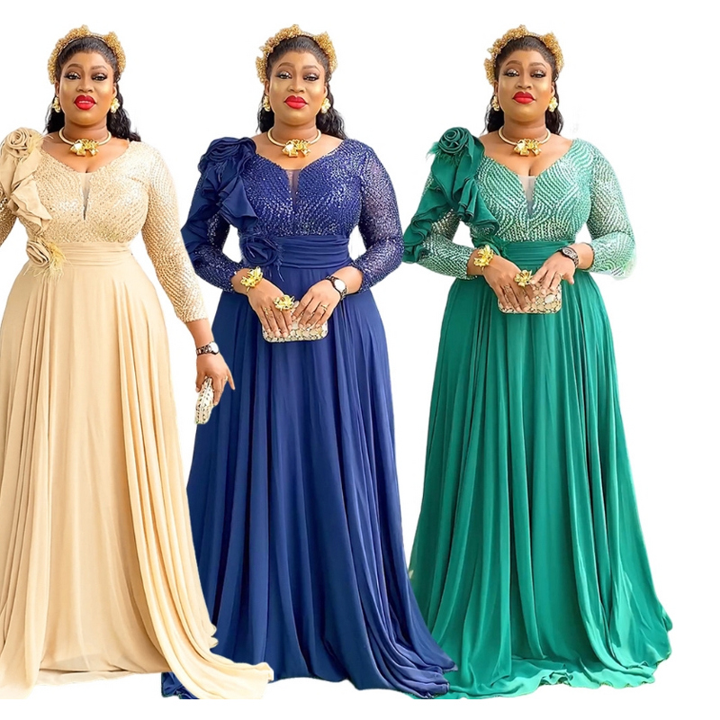 African Evening Dress Manufacturer - 2025 Plus Size Sequined Long Sleeve Chiffon Flower