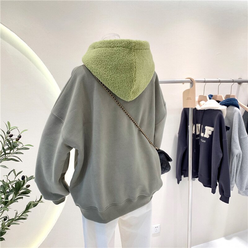 Women's Fleece Hoodie Manufacturer - Add Lamb Wool Letter Embroidery Loose Wholesale