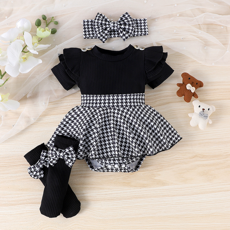 Girls' Romper Set Manufacturer - Ribbed Knitted Short-Sleeve Top Plaid Skirt Headband