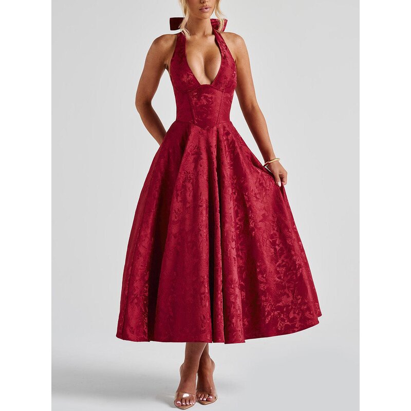 Women's Evening Dress Manufacturer - 2025 V-neck Hanging Neck Sleeveless Bareback Waist