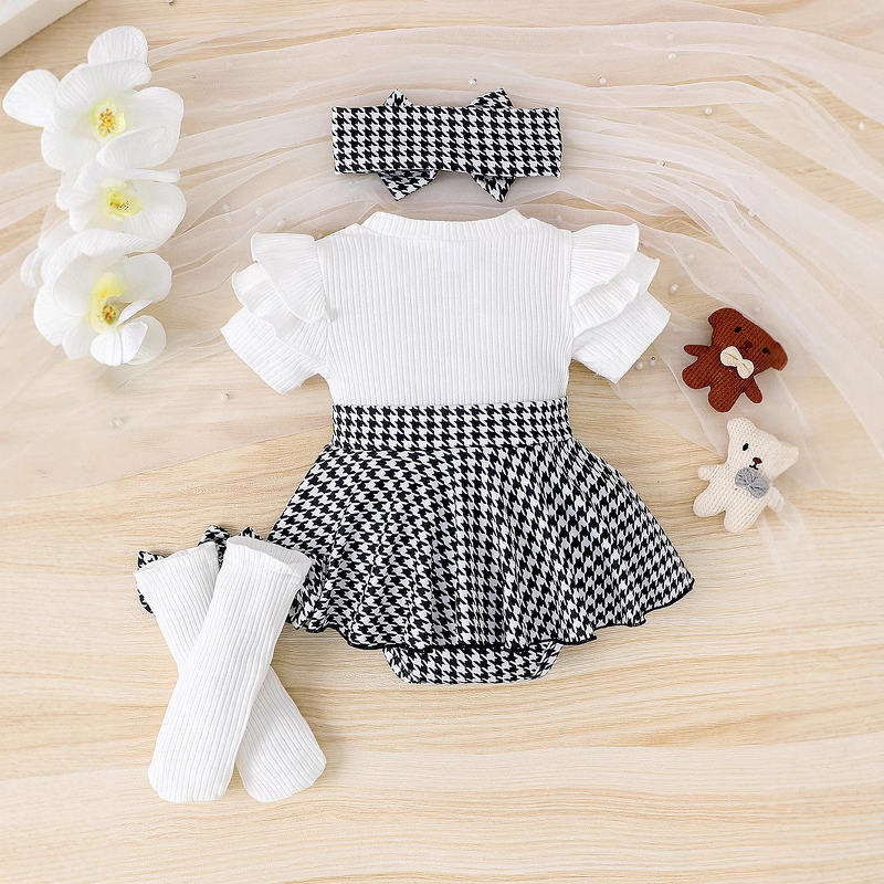 Girls' Romper Set Manufacturer - Ribbed Knitted Short-Sleeve Top Plaid Skirt Headband