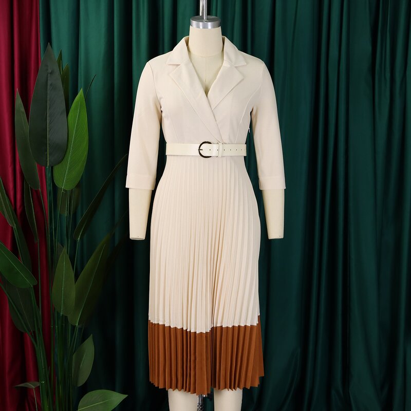 Pleated Dress Manufacturer - Suit Collar OL Solid Color Long Sleeve Mid Length