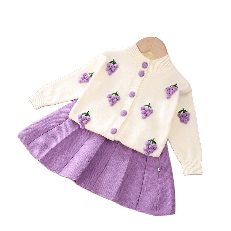 Baby Girls' Suit Set Manufacturer - Long Sleeve Cardigan Skirt Floral Strawberry Knitted