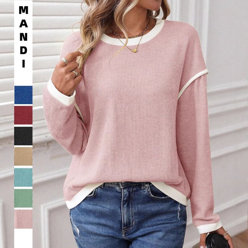 Women's Knitted Top Manufacturer - Line Splicing Solid Color Long Sleeved Round Neck Loose