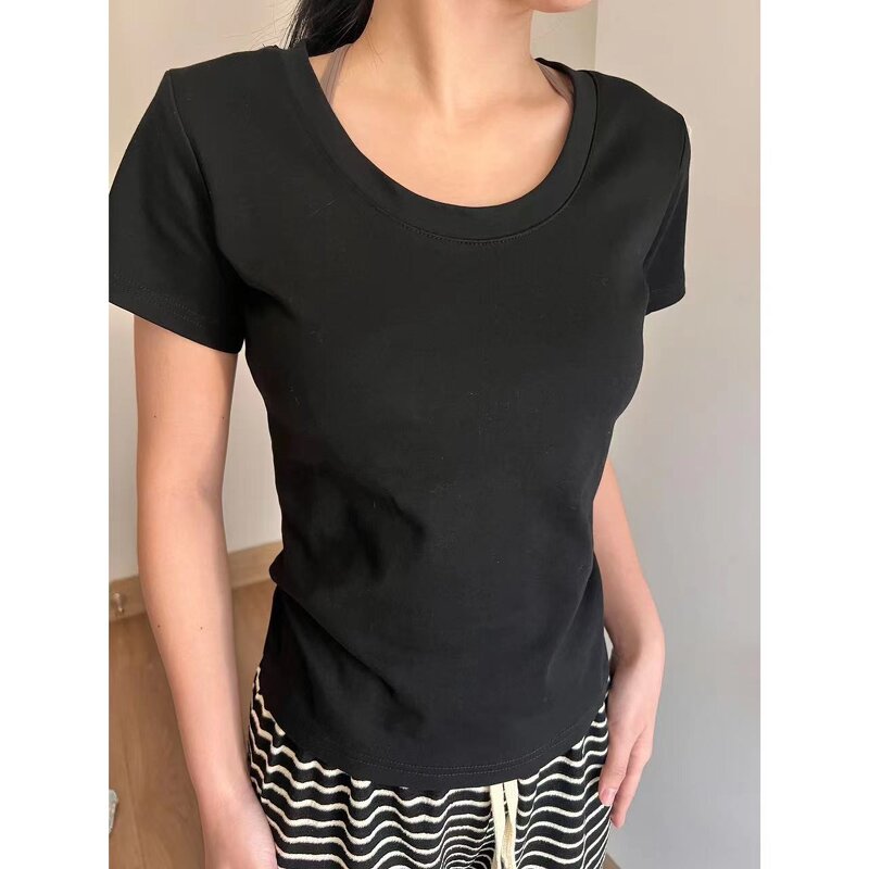 Women's T-shirt Manufacturer - 2025 Short Sleeve Solid Color Straight Shoulder Base