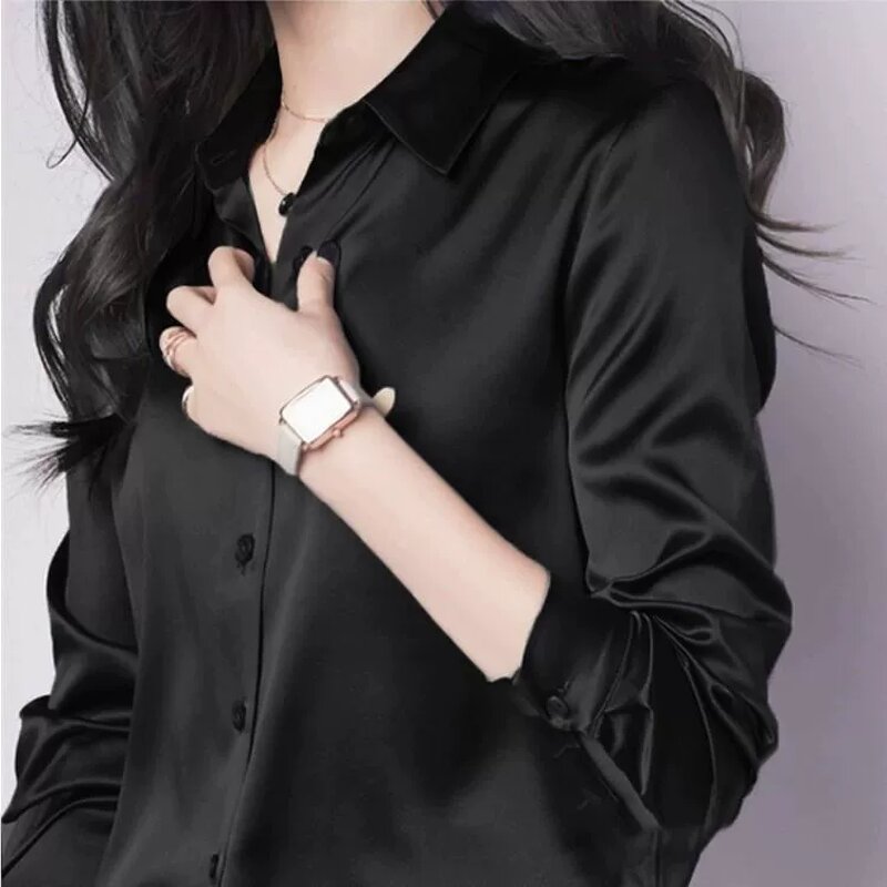 Satin Blouse Manufacturer - High-Grade Silky Long-Sleeve Loose Pure Color Luxury