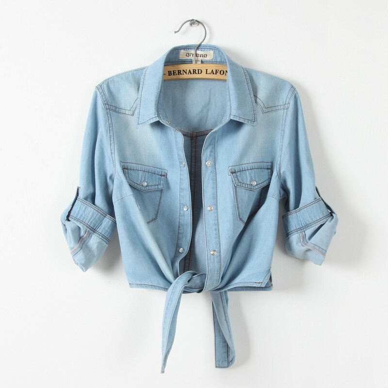 Cotton Denim Shirt Manufacturer - Three-quarter Sleeve Lapel Button Solid Color
