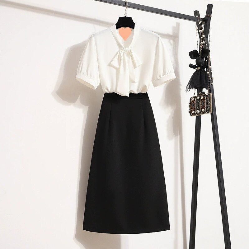 Women's 2-Piece Set Manufacturer - Short Sleeve Tops Skirt Petal Bow Collar Professional