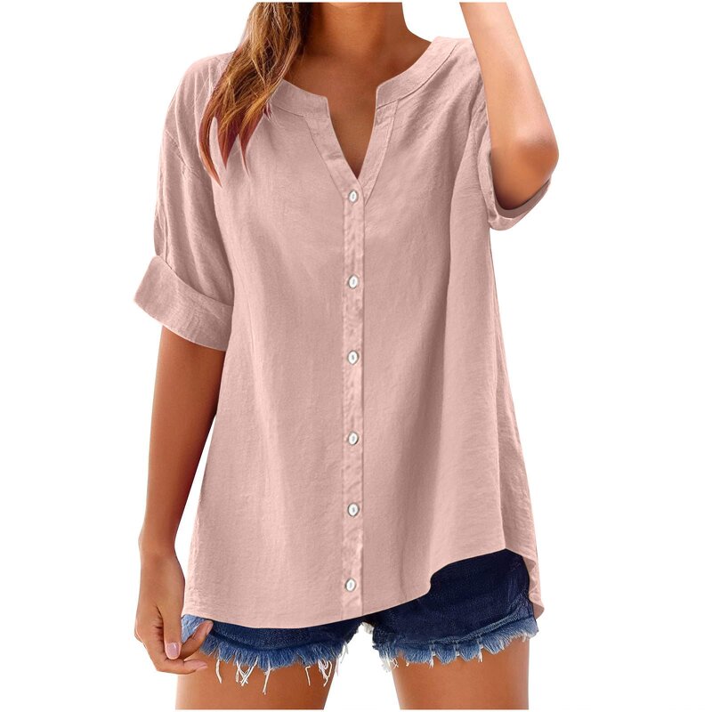 Casual Shirt Manufacturer - 2025 V-neck Loose Button Short Sleeve for Women Spring Summer