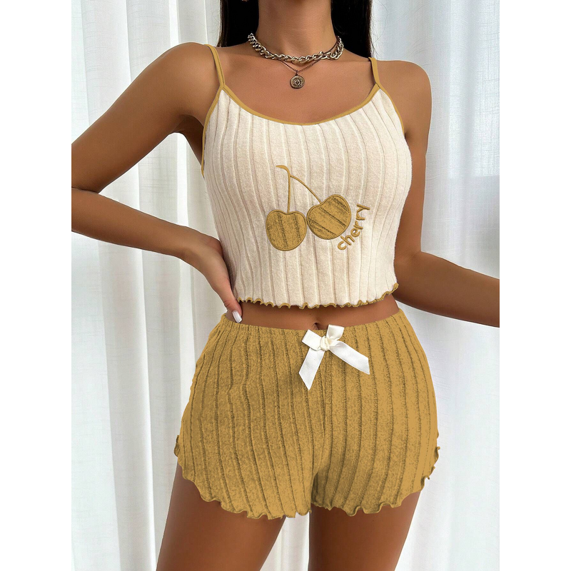 Women's Pajamas Set Manufacturer - 2025 Embroidered Brushed Camisole Shorts Homewear