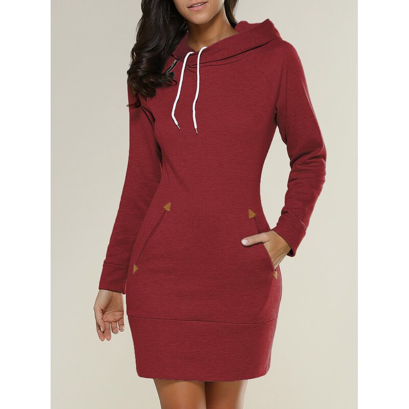 Women's Hoodie Dress Manufacturer - Turtleneck Long-Sleeved Solid Color Casual Lined