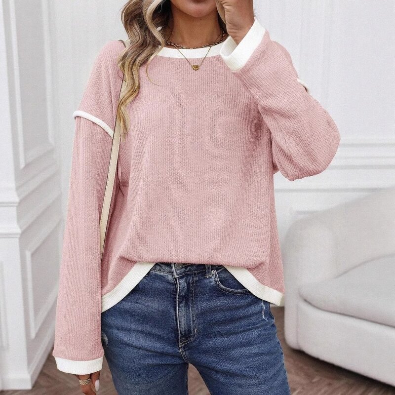 Women's Knitted Top Manufacturer - Line Splicing Solid Color Long Sleeved Round Neck Loose