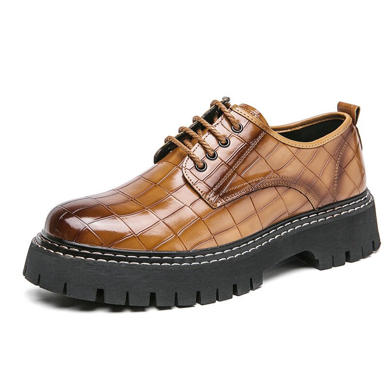 Men's PU Leather Shoes Manufacturer - 2025 Big Head Thick Bottom Plaid Business Casual