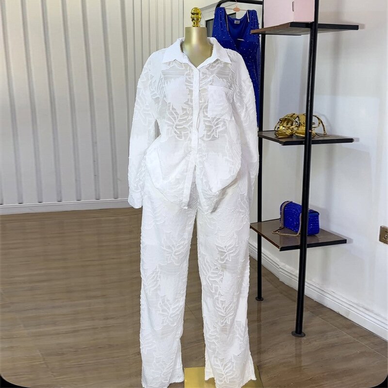 Women's Pants Set Manufacturer - Floral Print Long Sleeve Shirt High Waist Straight Leg