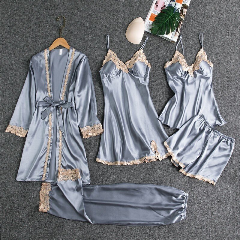 Women's Pajamas Set Manufacturer - 2025 Golden Lace Silk Satin Five Pieces Shorts Home