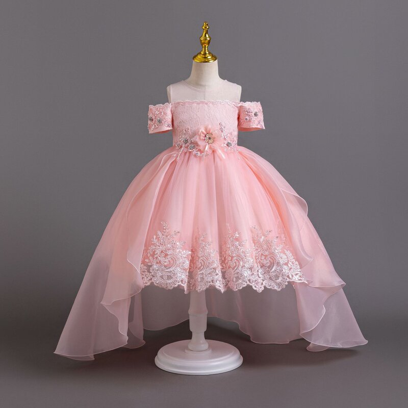 Girls' Princess Dress Manufacturer - 2025 Korean Sweet Lace Trailing Wedding Piano Short Sleeves