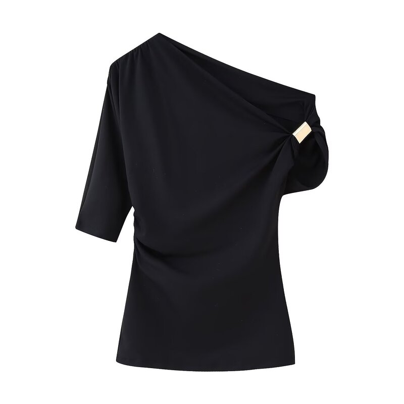 Short Sleeve Top Manufacturer - 2025 Metal Buckle Diagonal Shoulder Asymmetric Simple