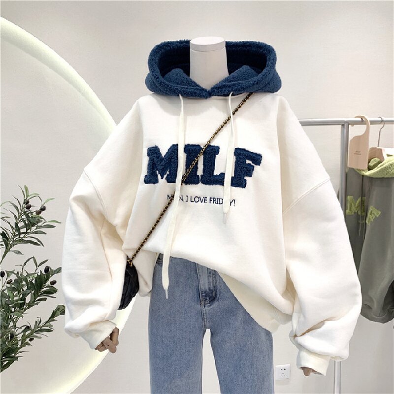 Women's Fleece Hoodie Manufacturer - Add Lamb Wool Letter Embroidery Loose Wholesale