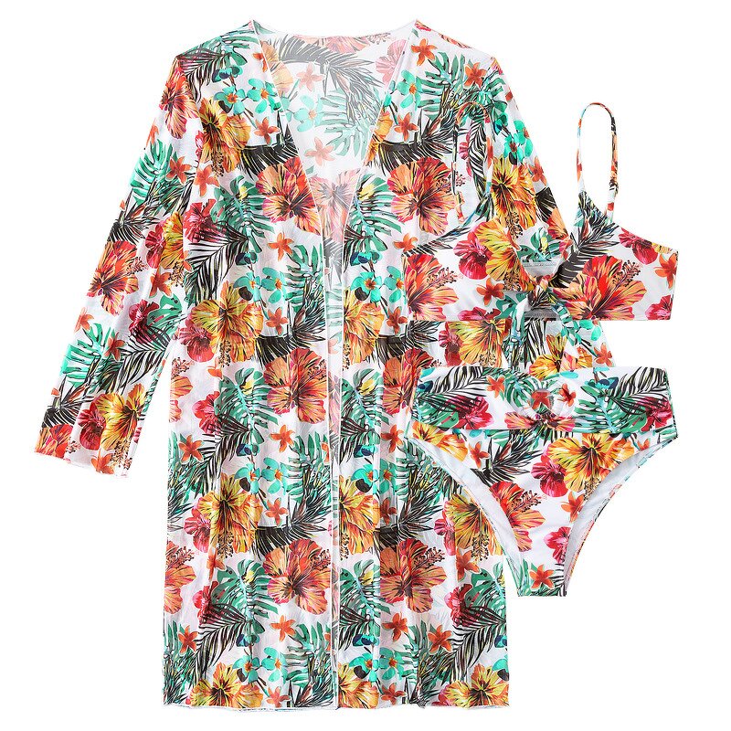 Women's Swimsuit Set Manufacturer - Floral Print Three Pieces Bra Panties Long Sleeve Cardigan