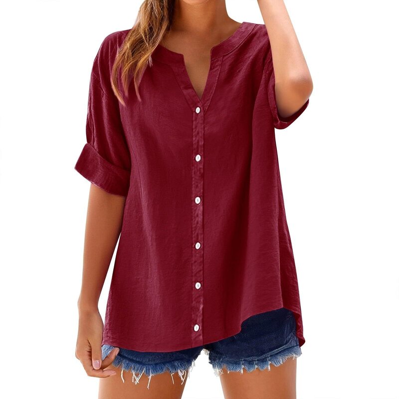 Casual Shirt Manufacturer - 2025 V-neck Loose Button Short Sleeve for Women Spring Summer
