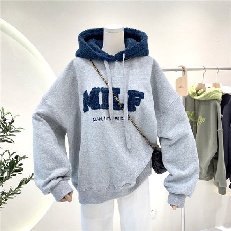Women's Fleece Hoodie Manufacturer - Add Lamb Wool Letter Embroidery Loose Wholesale