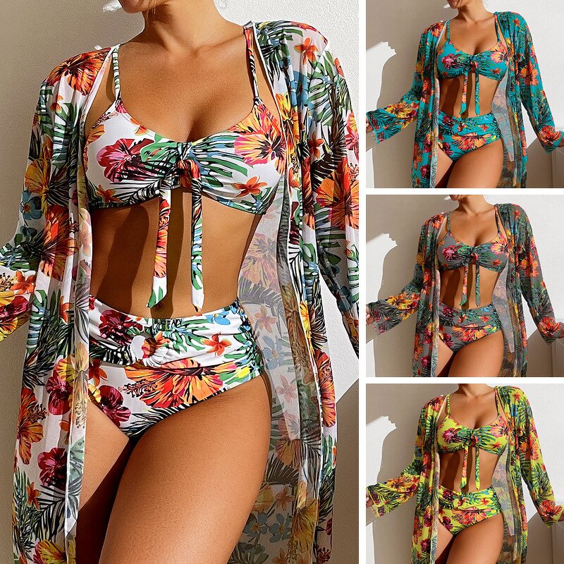 Women's Swimsuit Set Manufacturer - Floral Print Three Pieces Bra Panties Long Sleeve Cardigan