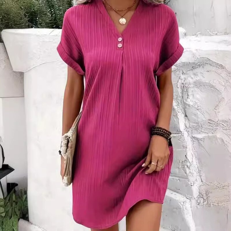 A-line Dress Manufacturer - V-neck Solid Color Button up for Women Summer Casual